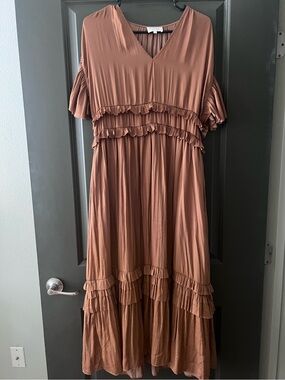 Bohme Rust Tiered Ruffle V-Neck Maxi Dress